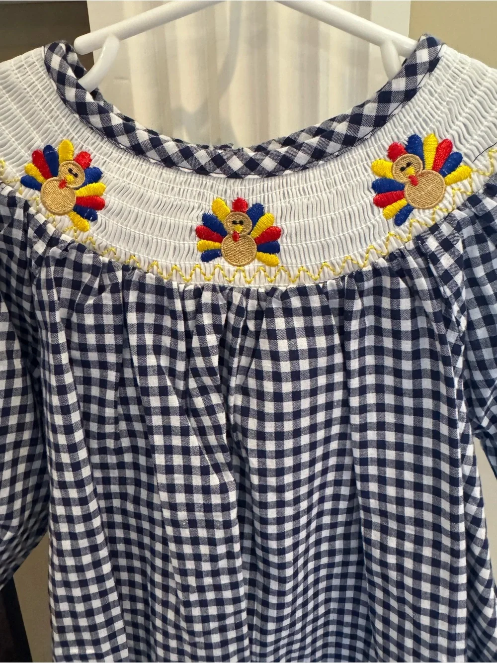 Girls' Gingham Smocked Dress with Turkey Embroidery
